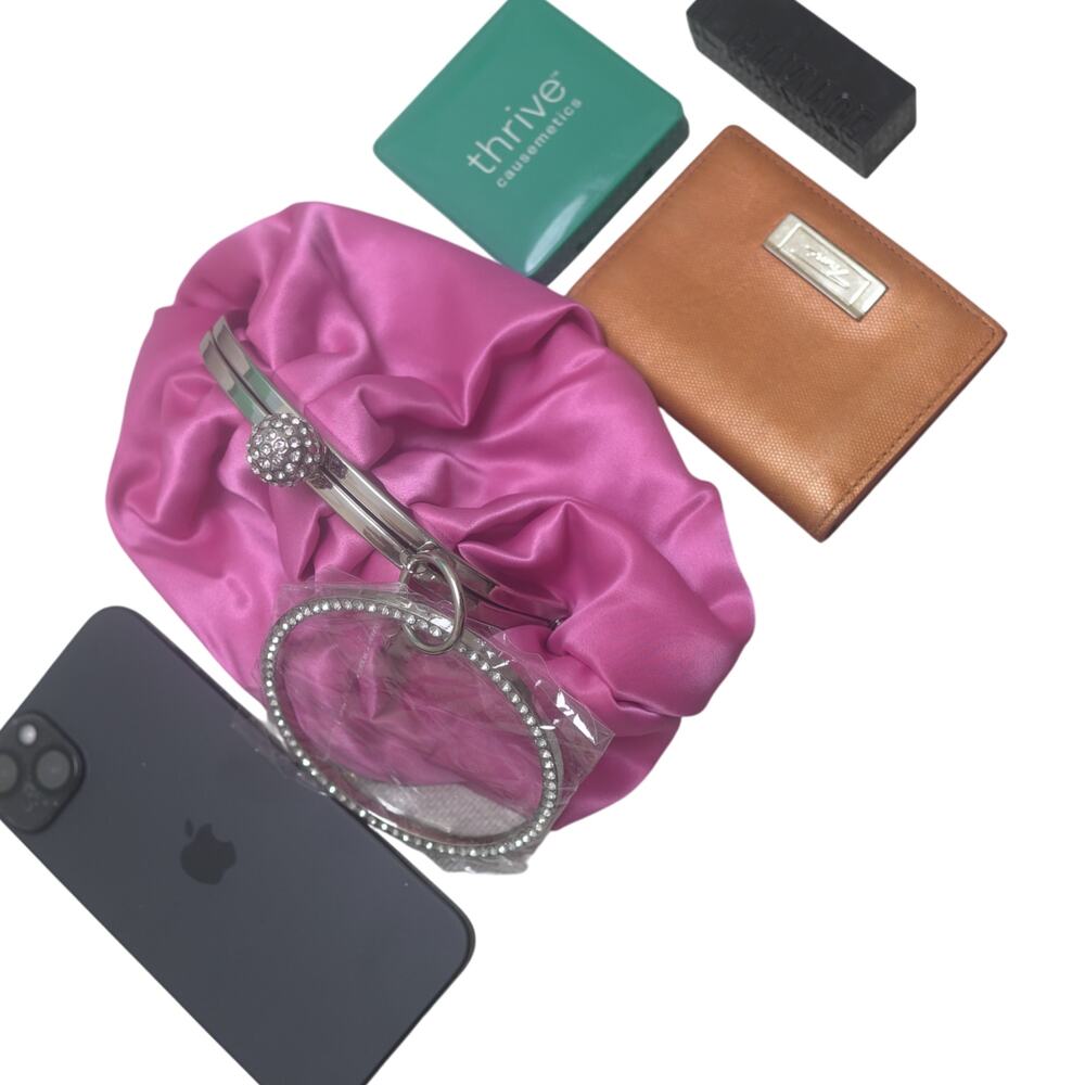 Pink Satin Clutch NWT Jeweled Handle Crossbody Chain Glam Bag - Picture 3 of 9